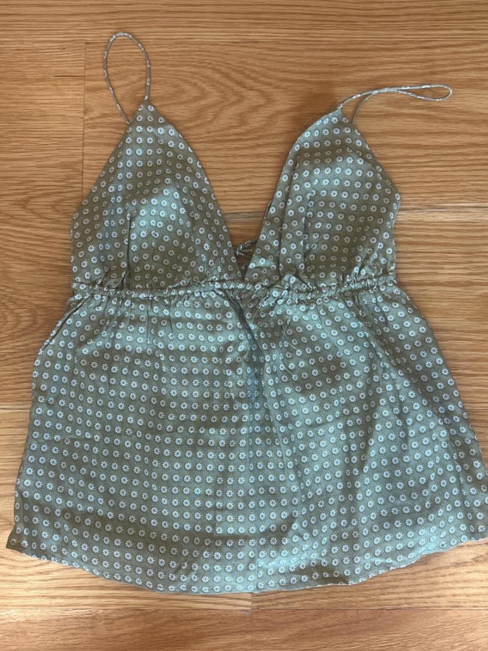 Faithfull the Label Olive Green Printed Spaghetti-Strap Babydoll Top